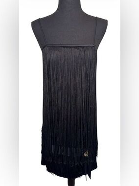 VTG Glenrob LTD 70s Black Tiered Tassel Fringe Sleek Gatsby Flapper Dress Sz 7/8